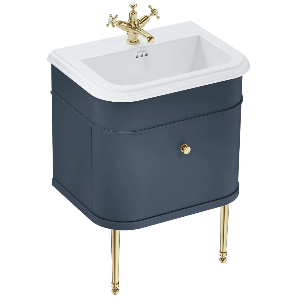 Burlington Chalfont Blue 650mm Vanity Unit With Ceramic Basin (3 Tap Holes) & Gold Legs