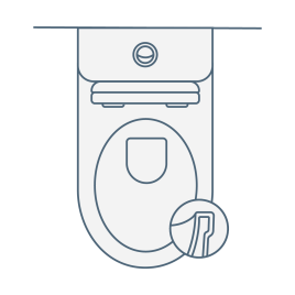 iconography image of a compact rimless toilet. Also known as a short projection rimless toilet, these have a smaller size. Image shows toilet and a cross section of rimless design.