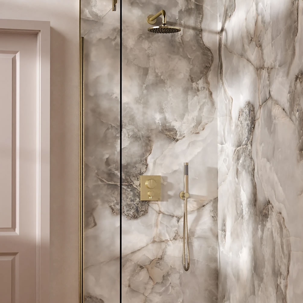 Lifestyle image of Crosswater Crossbox Push Brushed Brass Dual Outlet Rainfall Shower Set