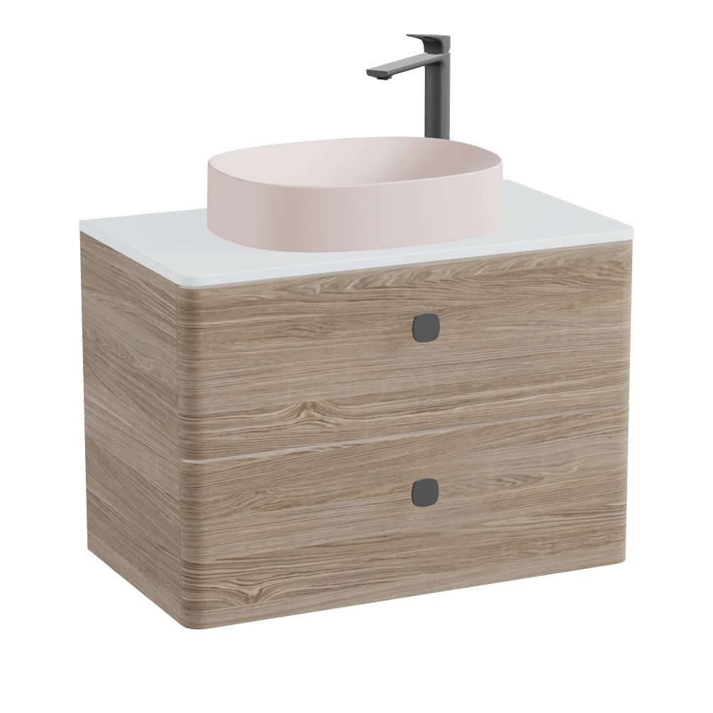Vado Cameo 800mm Natural Oak Wall Hung 2 Drawer Vanity Unit, Arctic Worktop & Pink Oval Basin