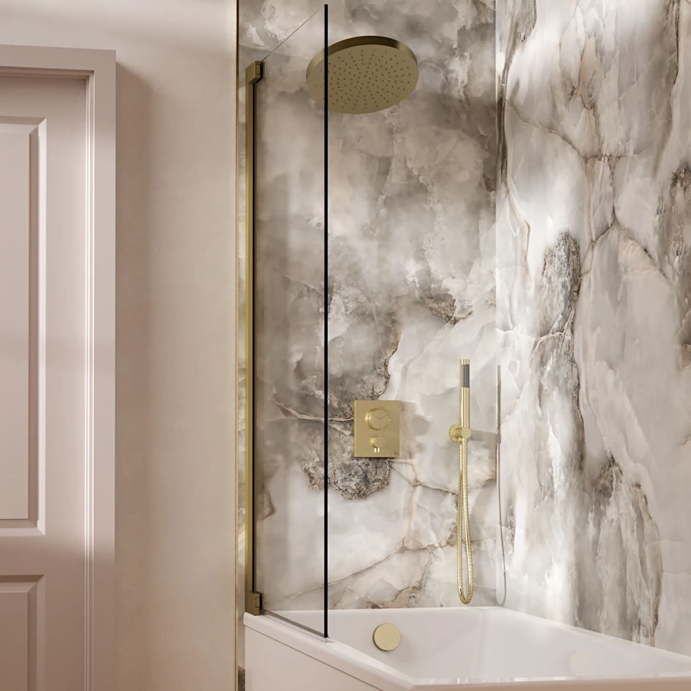 Lifestyle image of Crosswater Crossbox Push Brushed Brass Triple Outlet Revive Shower Bath Set