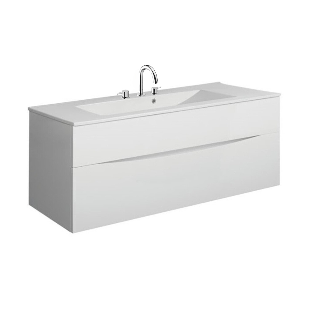 Product Cut out image of the Crosswater Glide II White Gloss 1000mm Double Drawer Unit with Ceramic 3 Tap Hole Basin