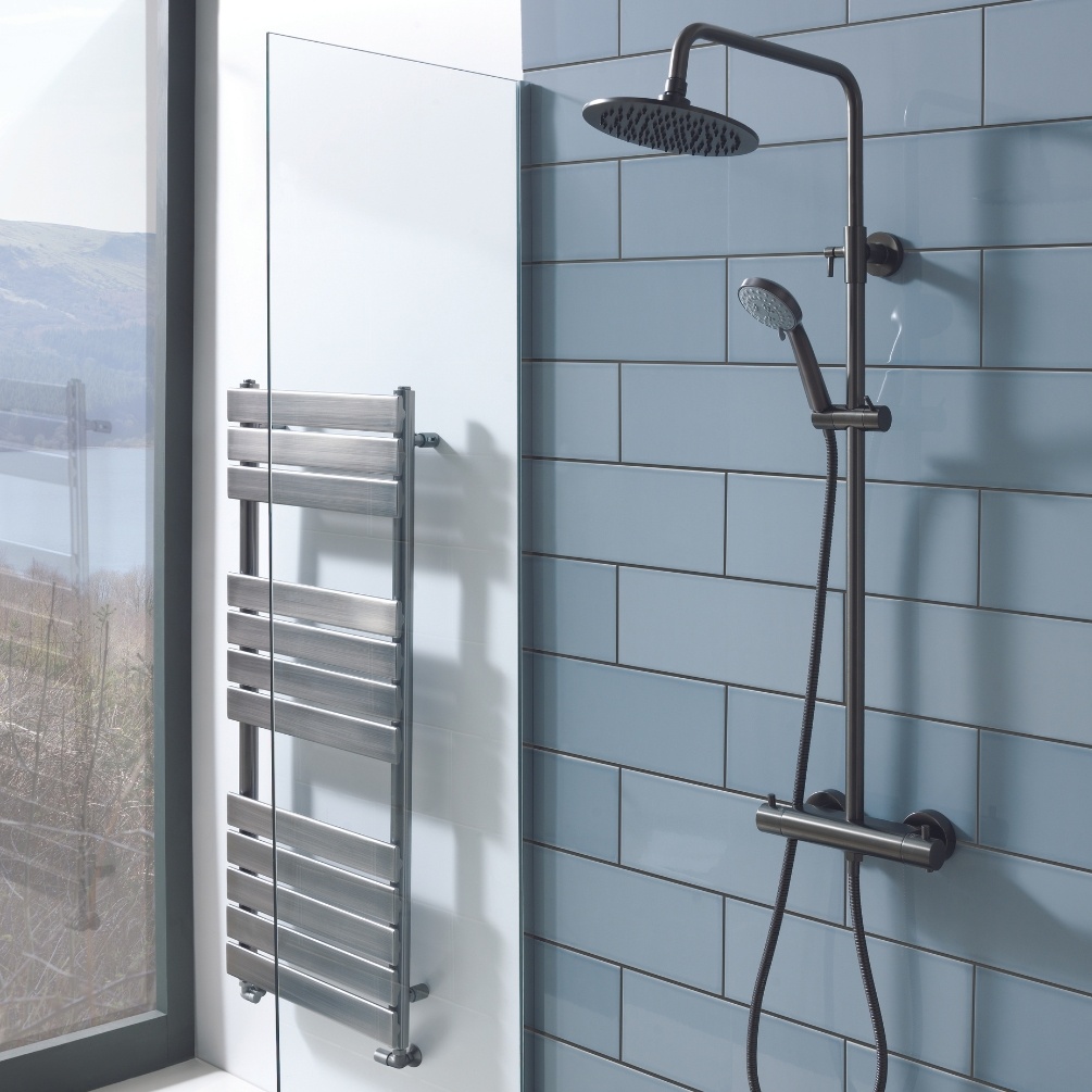 Product Lifestyle image fo the JTP Vos Brushed Black Thermostatic Exposed Bar Valve Shower Kit