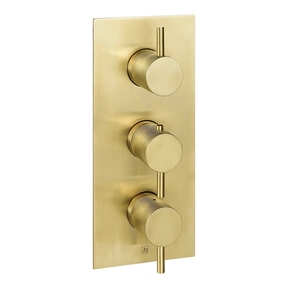 Product Cut out image of the JTP Vos Brushed Brass Dual Outlet Portrait Shower Valve with Designer Knurled Handles