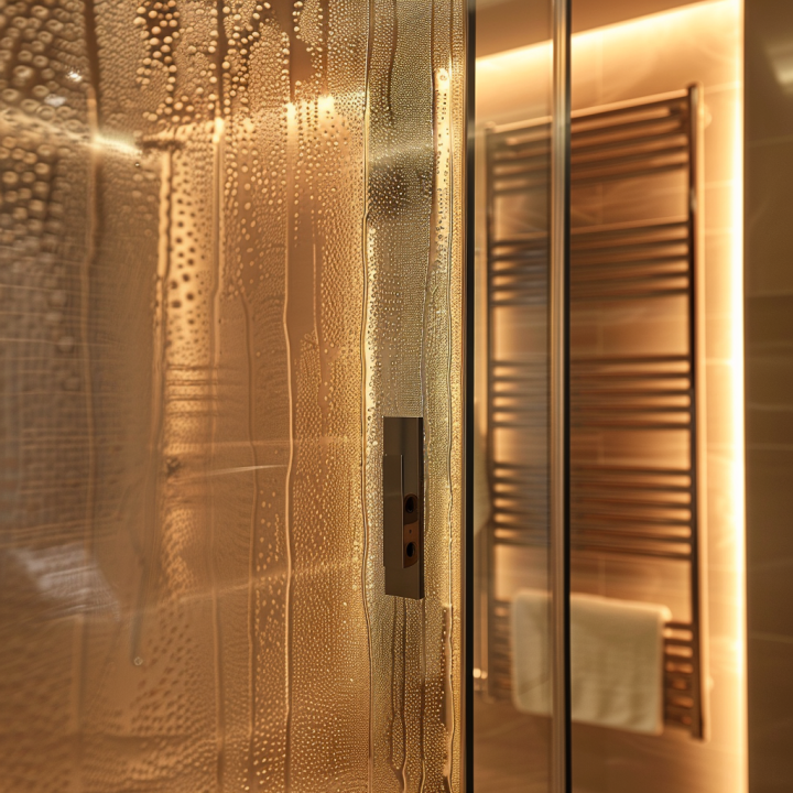 Image of a wet bathroom with steam and moisture of the shower screen