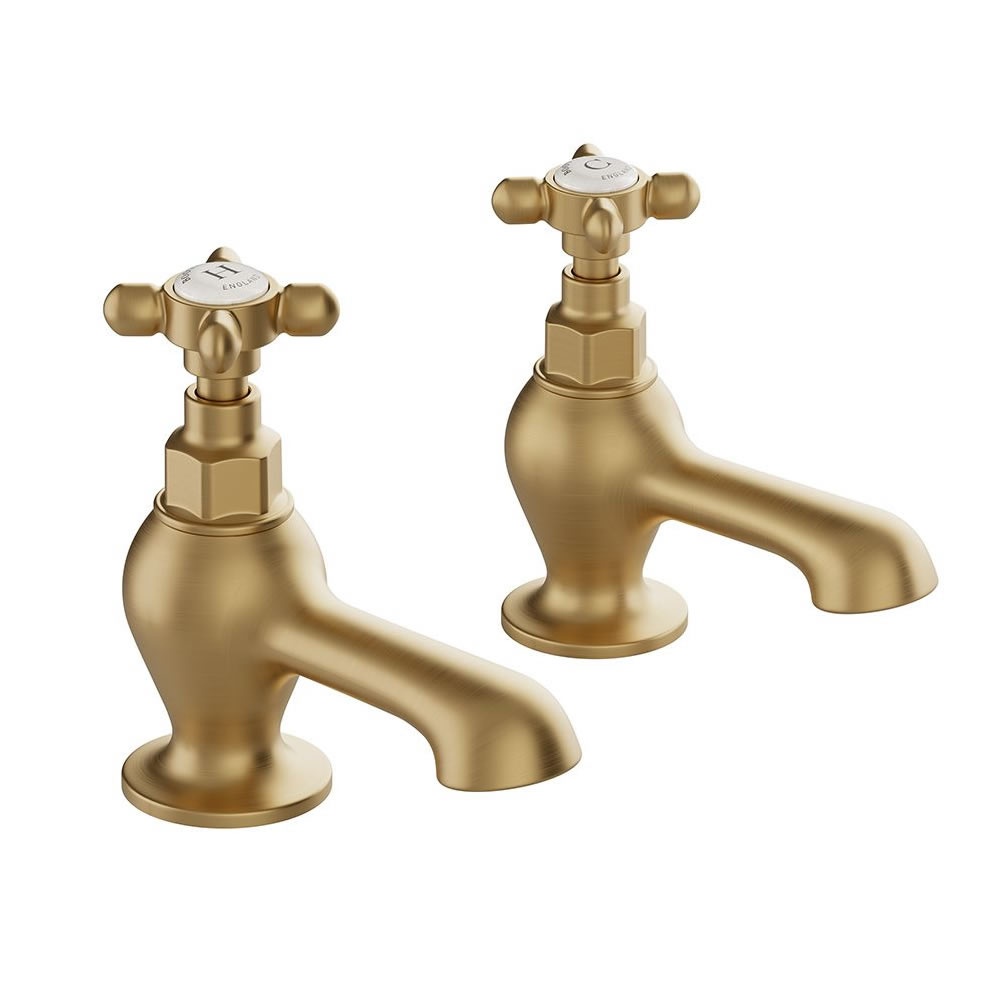Booth & Co. Axbridge White Cross Brushed Brass Bath Pillar Taps