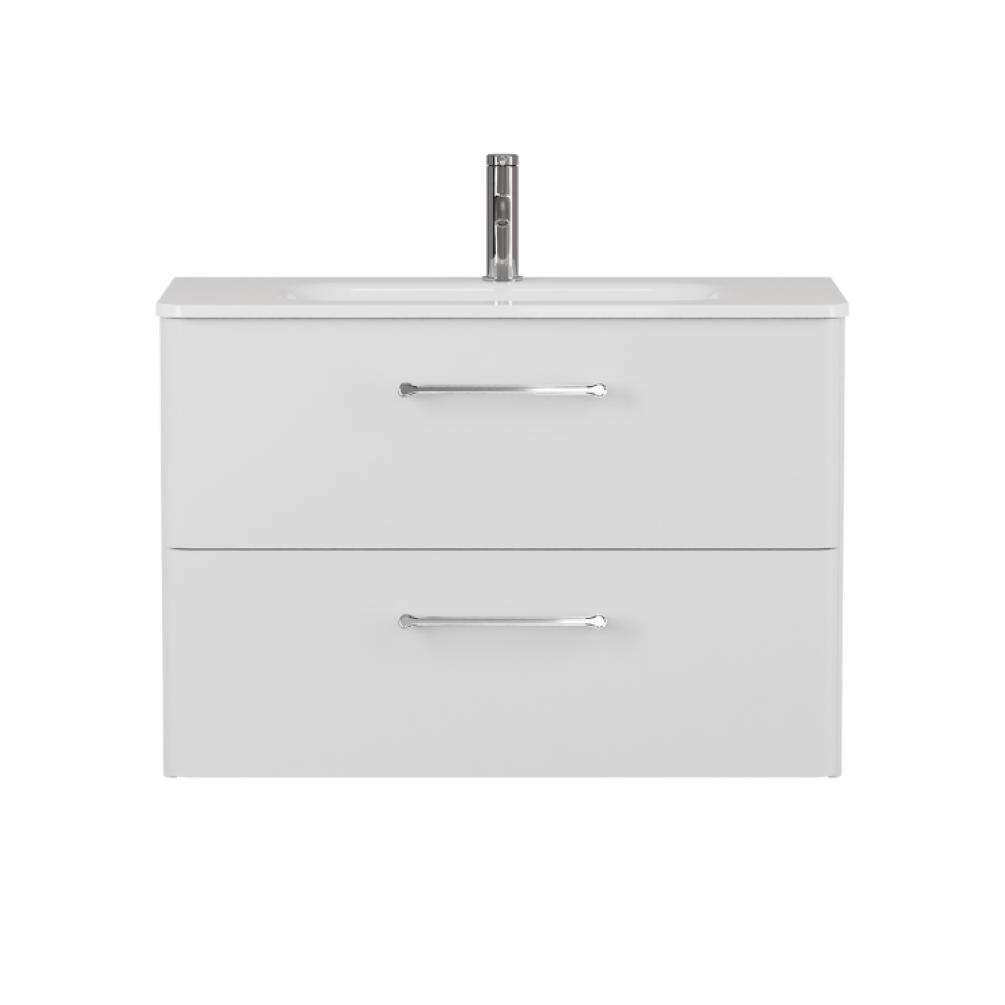 Product cut out image photo of Britton Bathrooms Camberwell 800mm Frosted White Wall Hung Vanity Unit and Basin with Chrome Handles C80DDW front angle