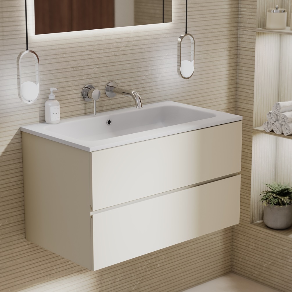 zero sahara silk 800mm wall hung vanity unit and matt white basin in bathroom setting