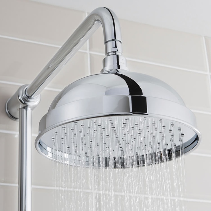 Close up product lifestyle image of the Crosswater Belgravia 200mm Easy Clean Shower Head
