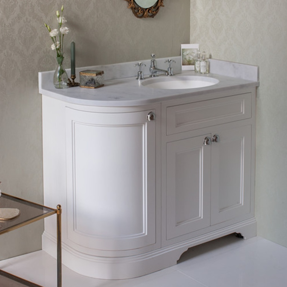 Product Lifestyle image of the Burlington Minerva 980mm Right Handed Curved Worktop & Matt White Freestanding Vanity Unit with Carrara white worktop