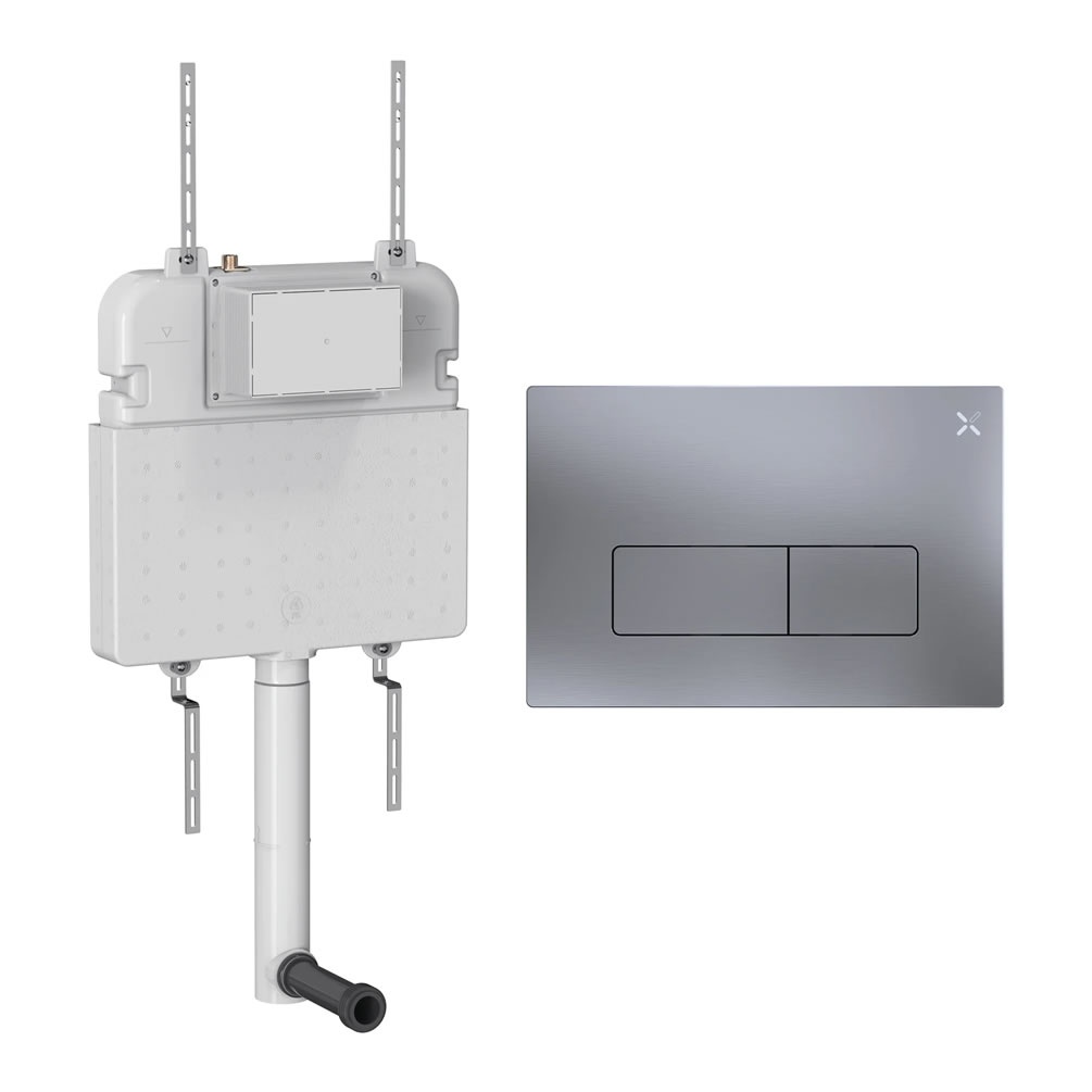 Cutout image of Crosswater 530mm Concealed Back-to-Wall Cistern & MPRO Brushed Nickel Dual Flush Plate