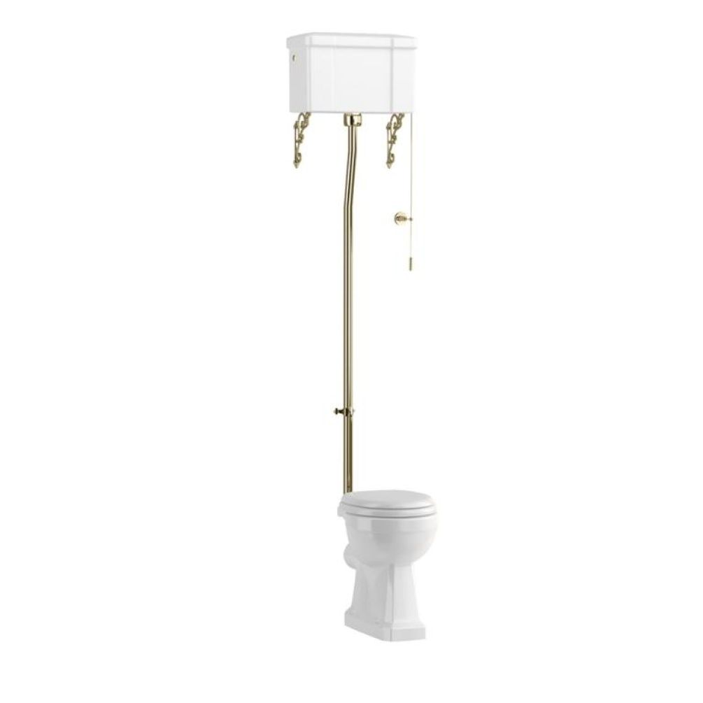 Product Cut out image of the Burlington High Level Toilet with a gold flush pipe