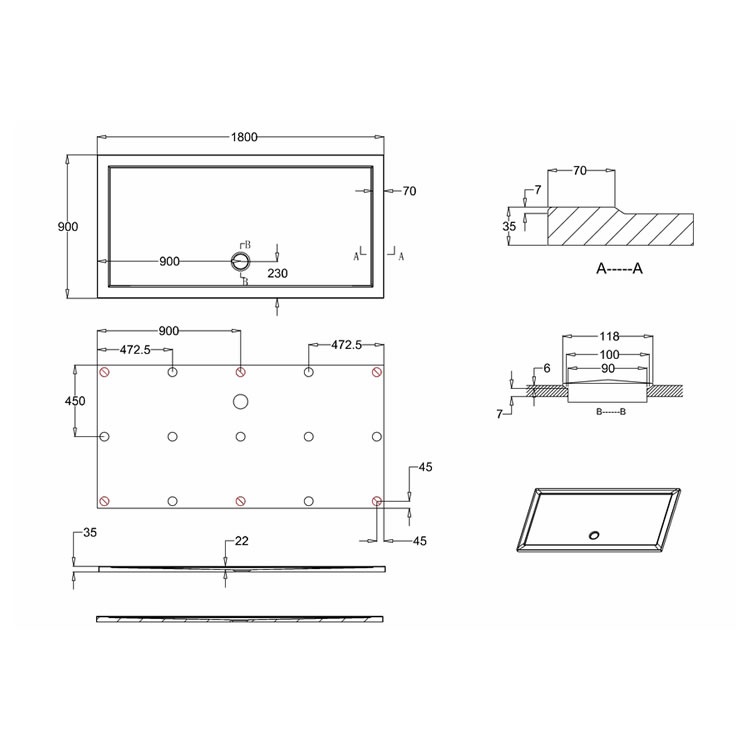 Zamori 35mm 1800mm x 900mm AntiSlip Shower Tray Sanctuary Bathrooms