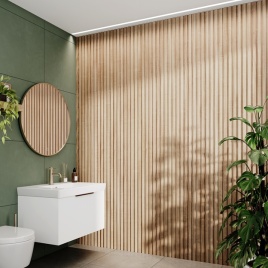 image of bathroom wall panels with wood effect oak finish