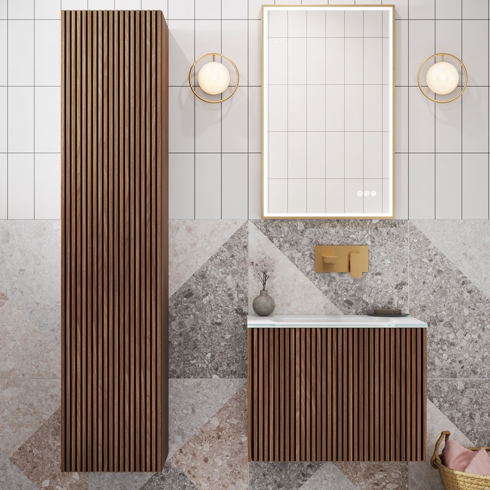 product lifestyle image of crosswater limit royal walnut wall hung tower unit lm3516frwan - front angle in grey and white tiled bathroom next to matching vanity