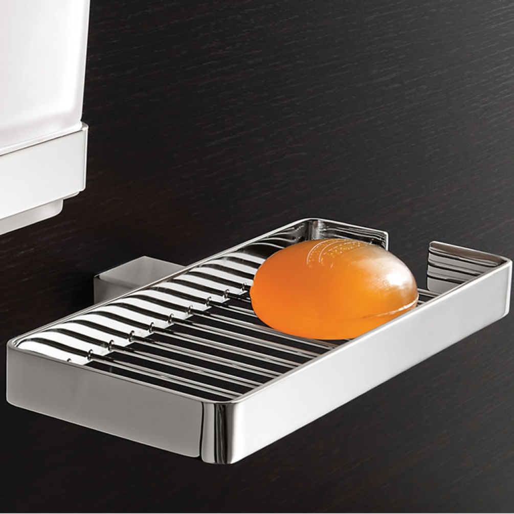 Lifestyle image of Origins Living Gedy Lounge Metal Soap Dish Large on black wall.