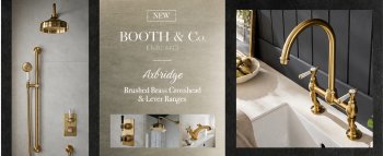 image of booth and co website banner showing various brushed brass products with text saying introducing axbrige