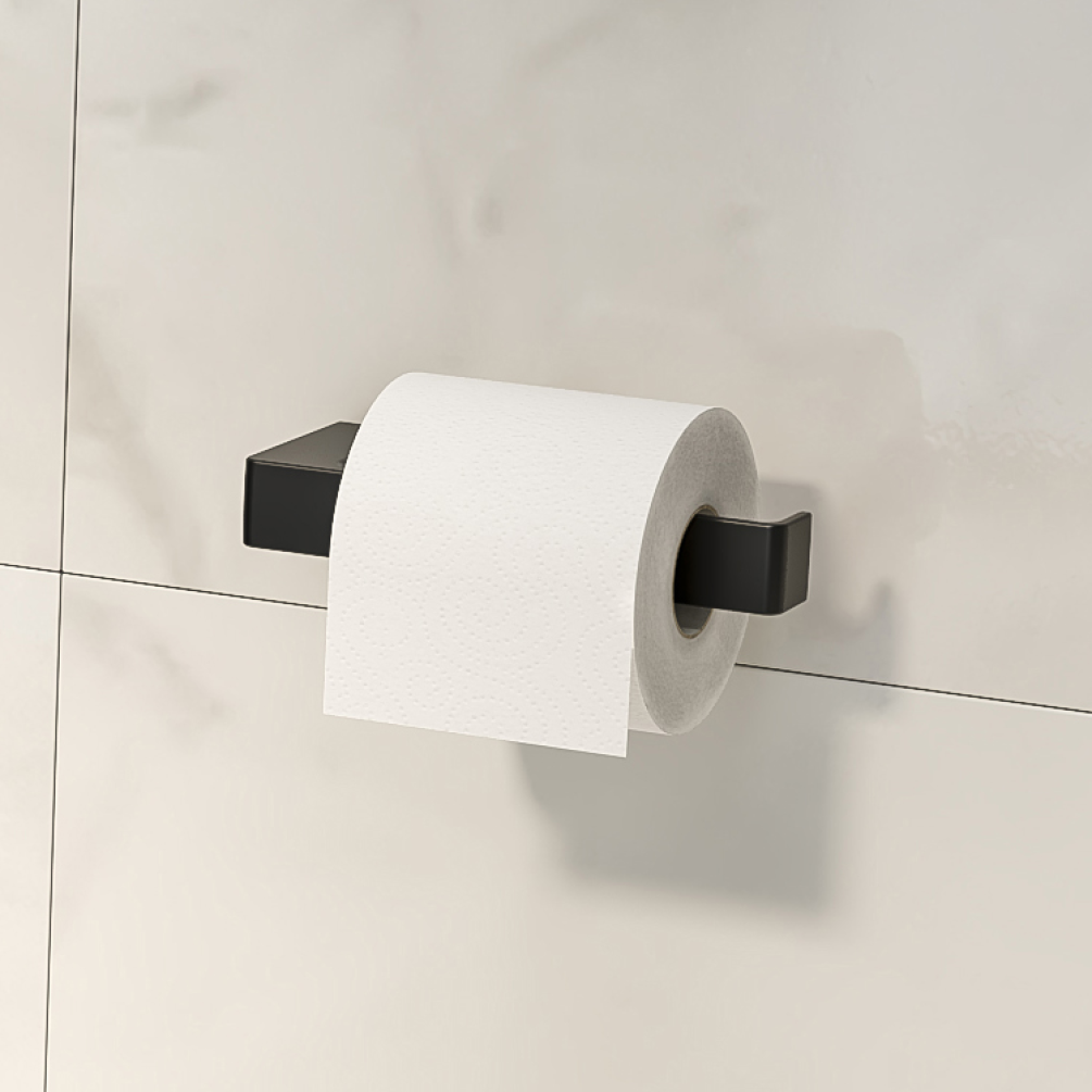 Lifestyle Photo of Bathroom Origins Pirenei Open Toilet Roll Holder in Black