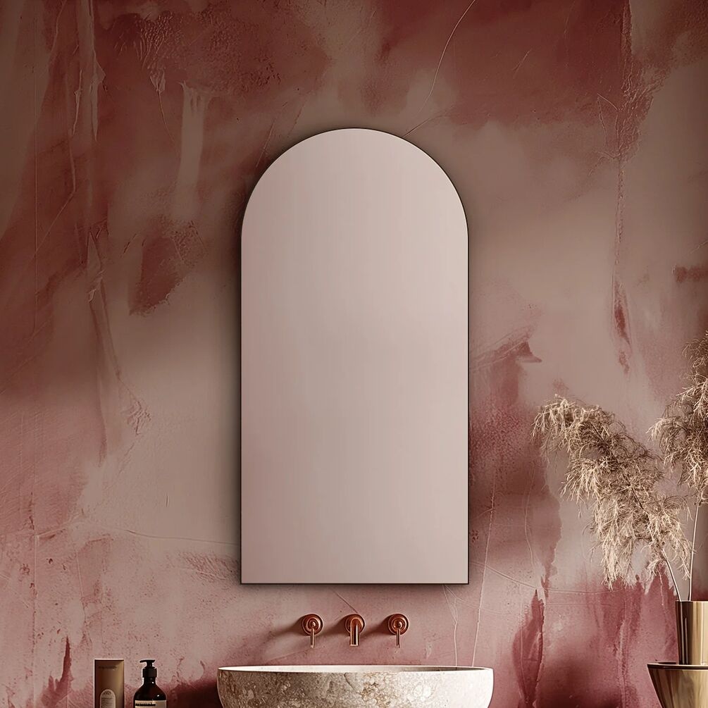 Lifestyle image of Origins Living Oslo Arched Matt Black 500 x 1000mm Mirror