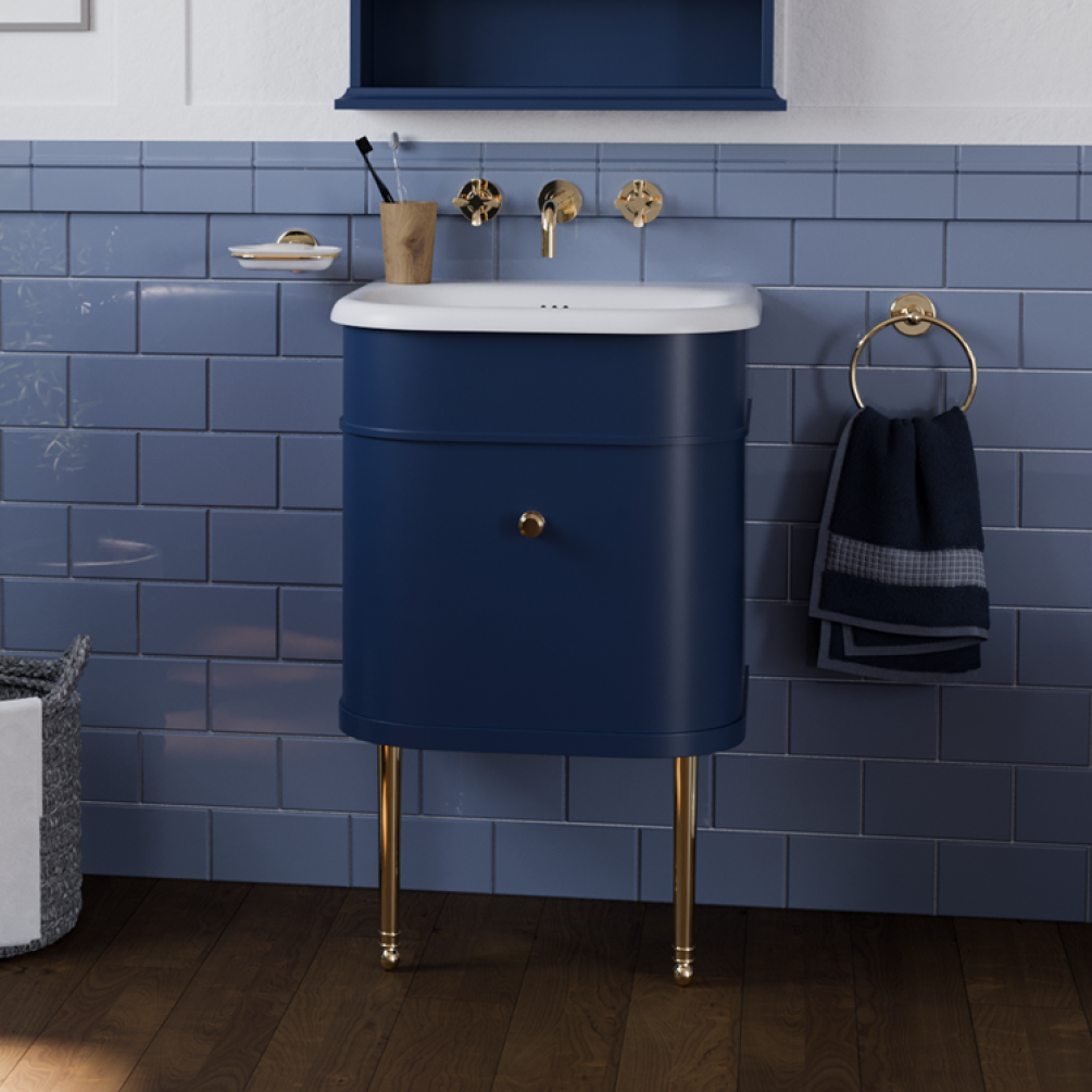 Product Lifestyle image of the Burlington Chalfont 550mm Basin & Blue Wall Hung Unit with Gold Furniture Legs