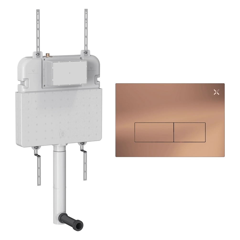 Cutout image of Crosswater 530mm Concealed Back-to-Wall Cistern & MPRO Stainless Steel Brushed Bronze Dual Flush Plate