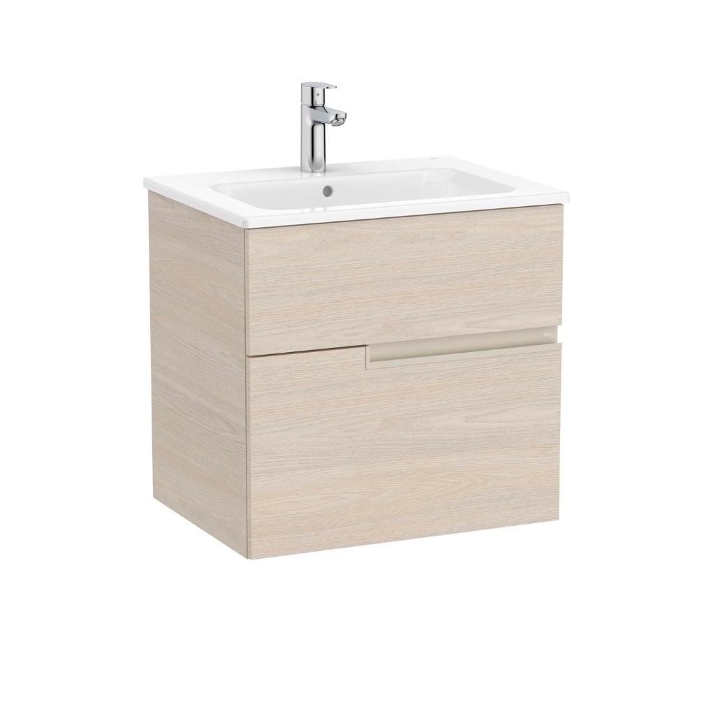 Product cut out image of the Roca Victoria-N Unik Light Ash 600mm Wall Hung 2 Drawer Vanity Unit & Basin