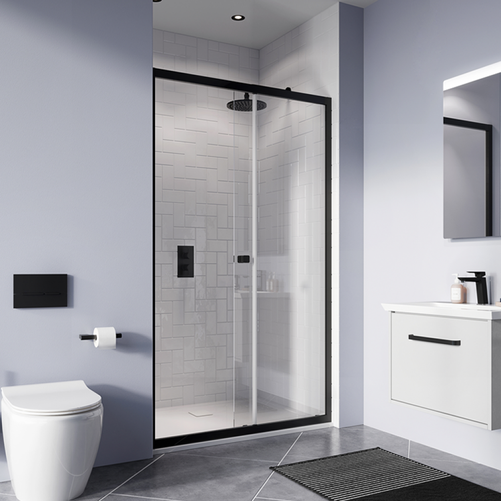 Photo of Crosswater Clear 6 Matt Black Single Sliding Shower Door in Recess