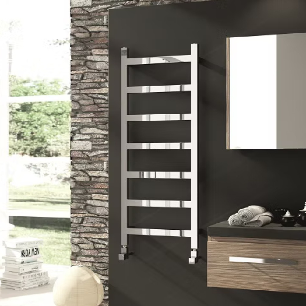 Lifestyle image of the Radox Eros 1225mm x 500mm Chrome Heated Towel Rail