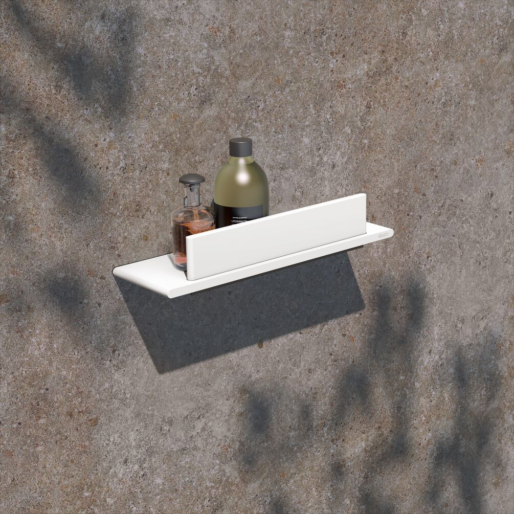 KEUCO Aveno Matt White Rectangular Shelf Lifestyle with wiper