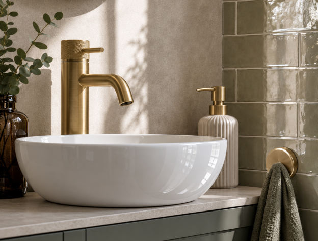 A lifestyle image of a gloss basin and brushed brass basin mixer with towel holder