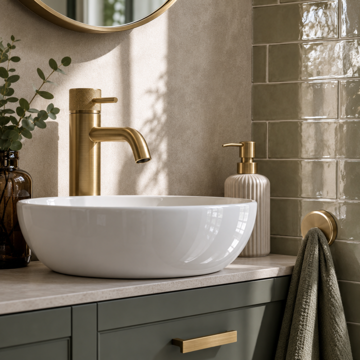 A lifestyle image of a gloss basin and brushed brass basin mixer with towel holder