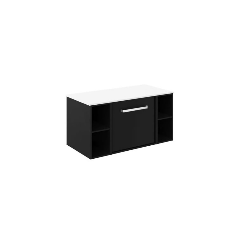 Cutout image of Crosswater Infinity 900mm Matt Black Wall-Hung Vanity Unit & Polar White Worktop