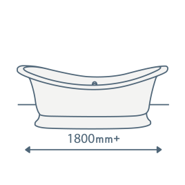 iconography image of a large roll top bath with text underneath saying 1800mm+ and an arrow indicating the length of the bath