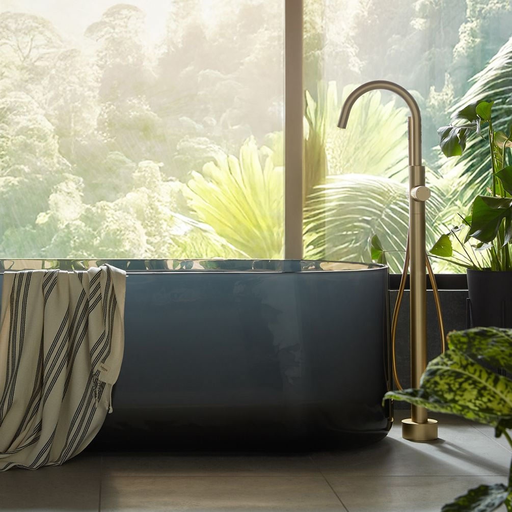 Vado Safari Leverless Satin Brass Floorstanding Bath Shower Mixer - Lifestyle Image 1
