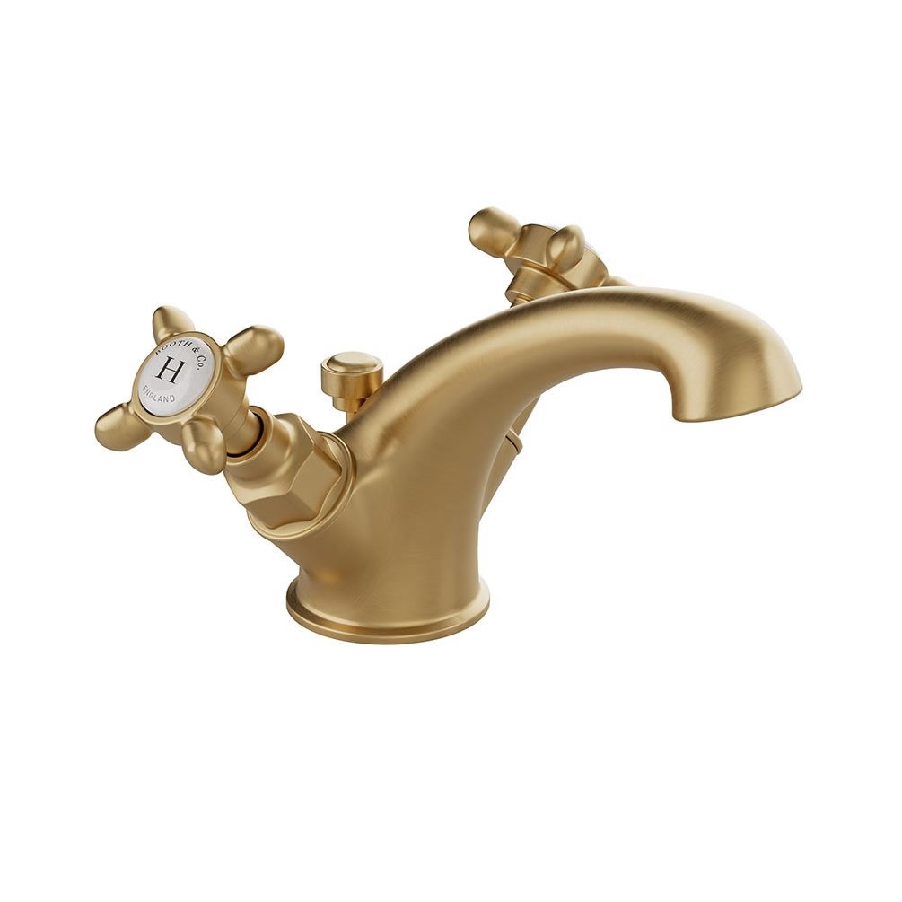 Booth & Co. Axbridge White Cross Brushed Brass Mono Basin Mixer With Pop Up Waste