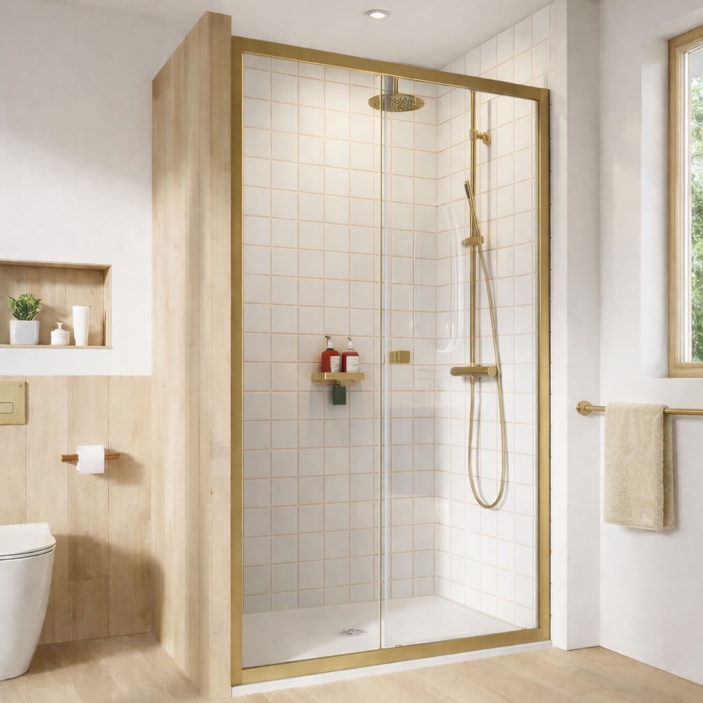 Lifestyle image of Dune Brushed Brass 1000mm Sliding Shower Door