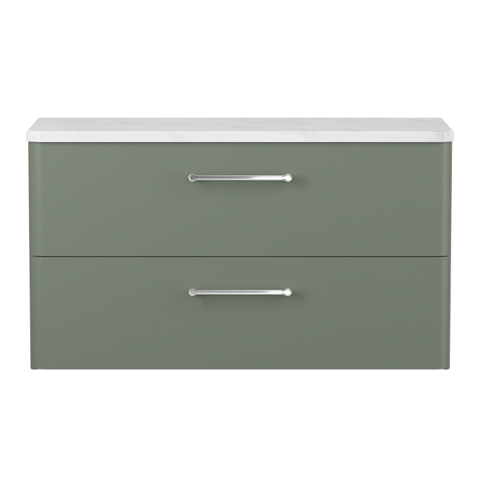 Product cut out photo of Britton Bathrooms Camberwell Earthy Green 1000mm Wall Hung Vanity Unit with Chrome Handles and worktop - Front Angle C100DDG