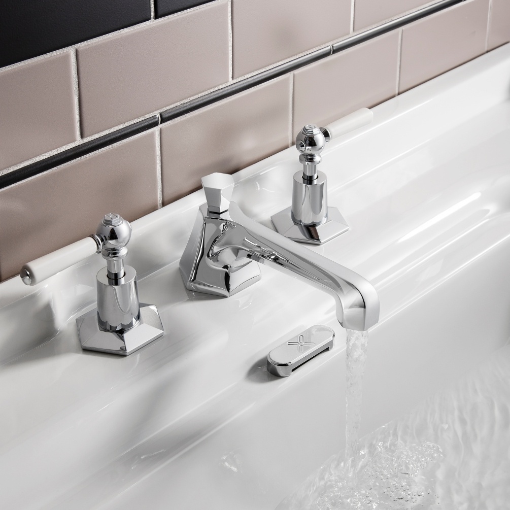 Lifestyle image of the Crosswater Waldorf Chrome 3 Tap Hole White Lever Handle Deck Mounted Basin Mixer