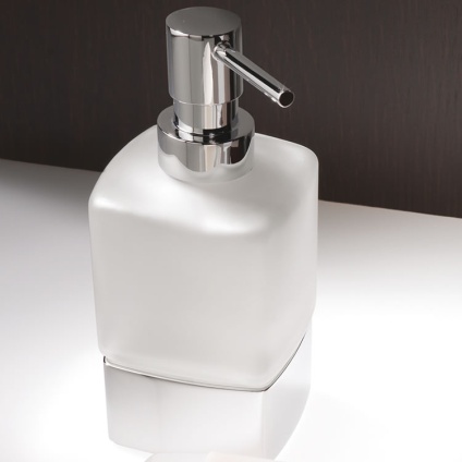 Lifestyle image of Origins Living Gedy Lounge Freestanding Soap Dispenser Chrome on white surface.
