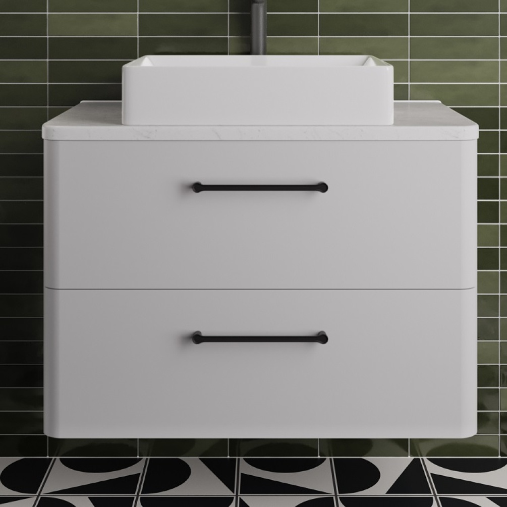 Product lifestyle image of Britton Bathrooms Frosted White Camberwell Wal Hung Vanity Unit in Bathroom with brick tiles and countertop basin - close up
