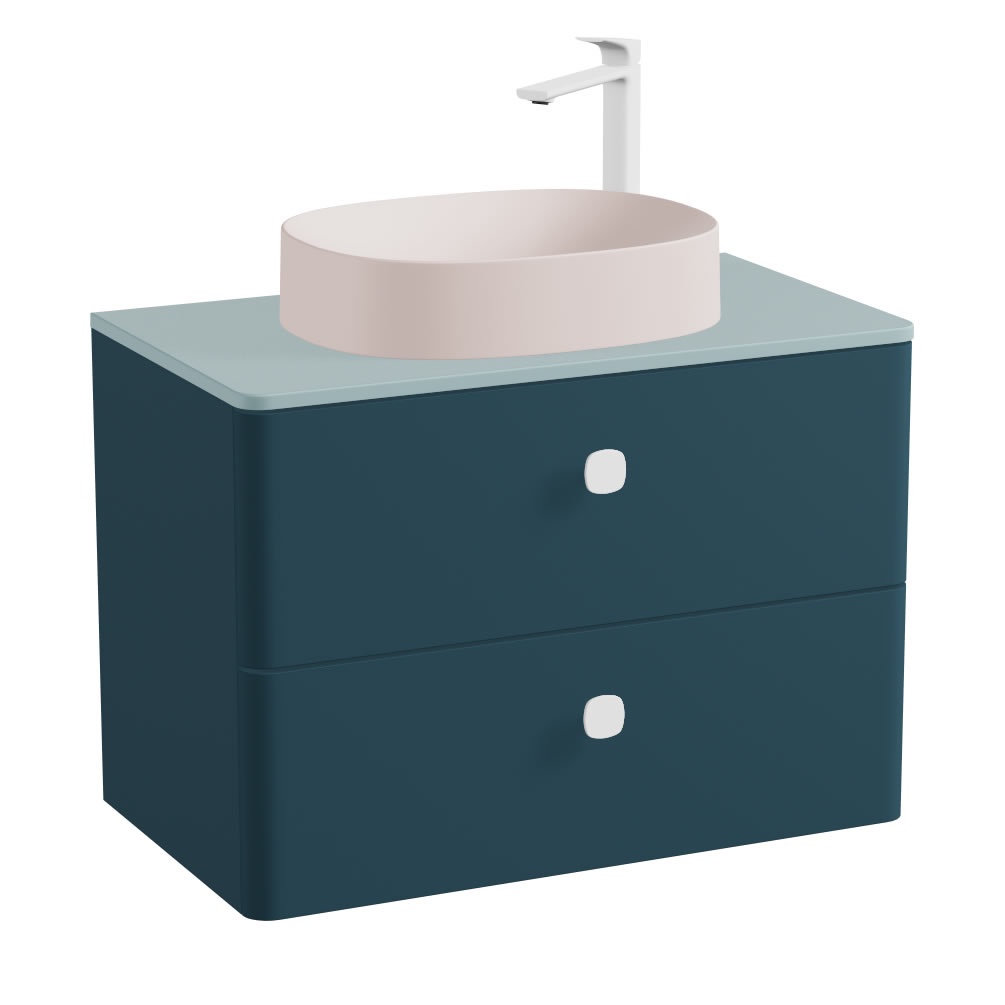 Vado Cameo 800mm Atlantic Blue Wall Hung 2 Drawer Vanity Unit, Cove Blue Worktop & Pink Basin