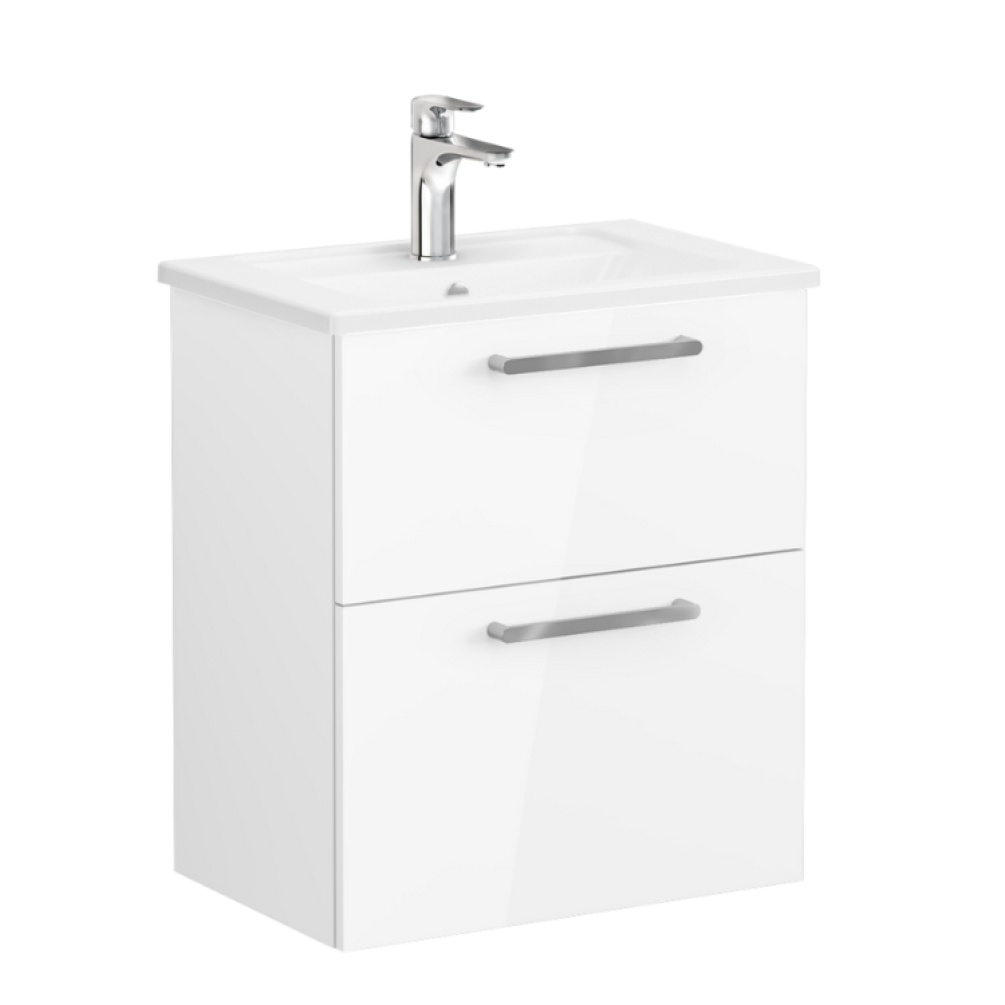 Product Cut out image of VitrA Root Flat White 600mm Compact Washbasin Drawers Unit 67852 with chrome handles
