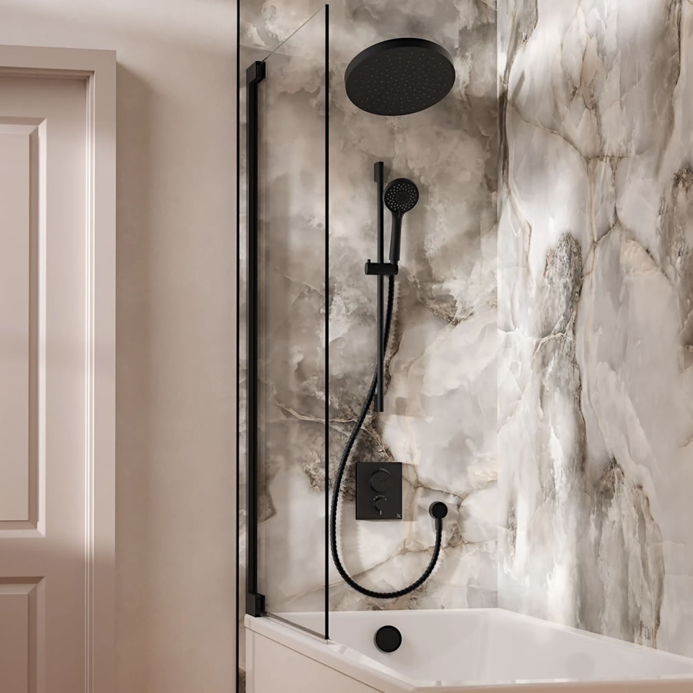 Lifestyle image of Crosswater Crossbox Push Matt Black Triple Outlet Revive Slide Rail Shower Bath Set