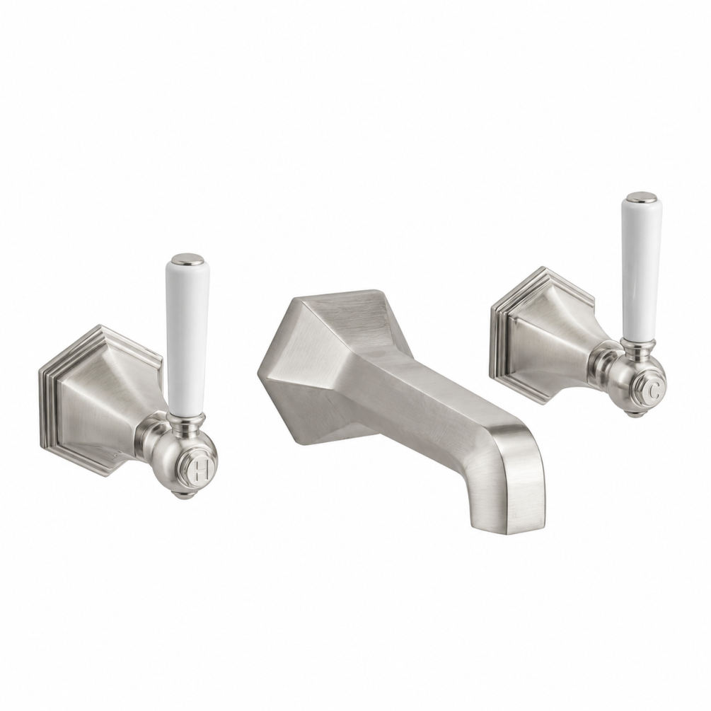 Cut out image of the Crosswater Waldorf Brushed Nickel 3 Tap Hole White Lever Handle Wall Mounted Basin Mixer