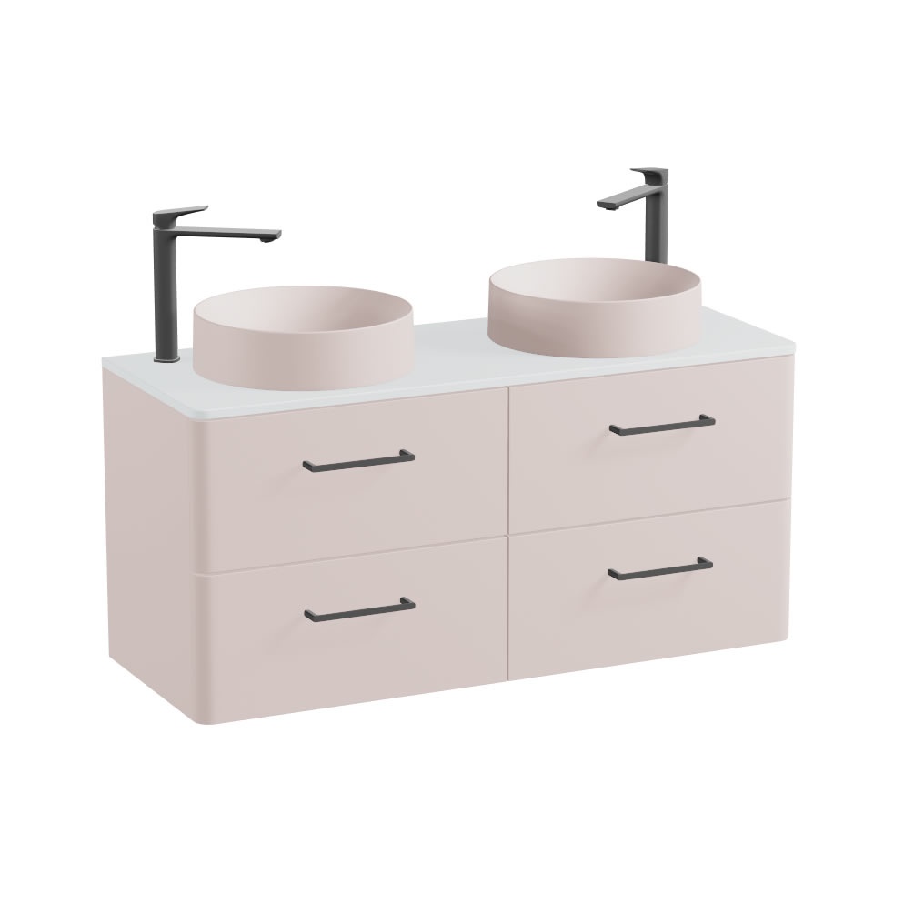 Vado Cameo 1200mm Pink Clay Wall Hung 4 Drawer Vanity Unit, Arctic Worktop & Pink Basins