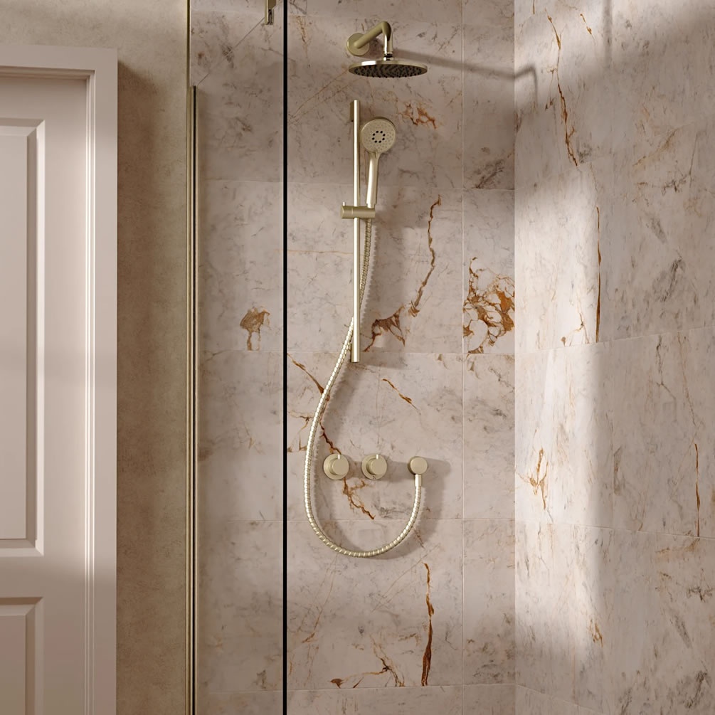 Lifestyle image of Crosswater Module Brushed Brass Dual Outlet Slide Rail Shower Set