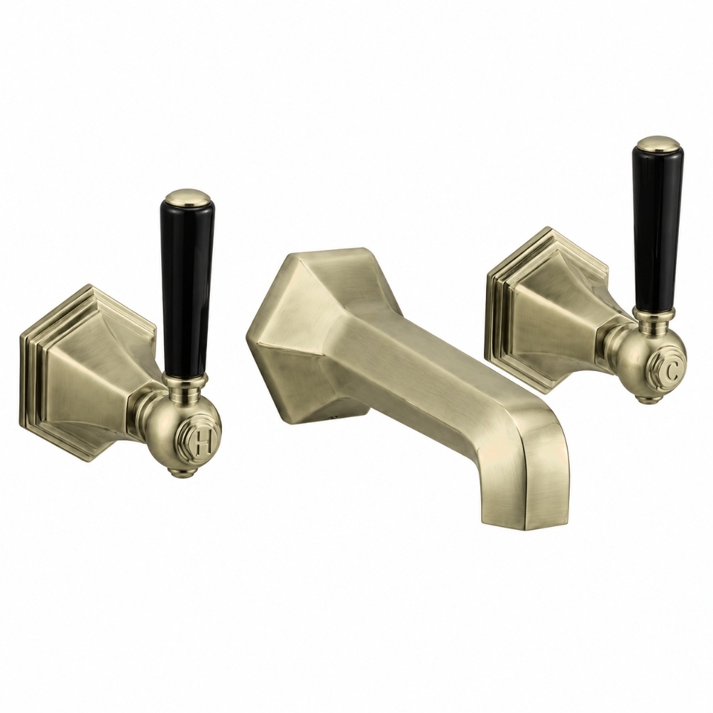 Cut out image of the Crosswater Waldorf Brushed Brass 3 Tap Hole Black Lever Handle Wall Mounted Basin Mixer