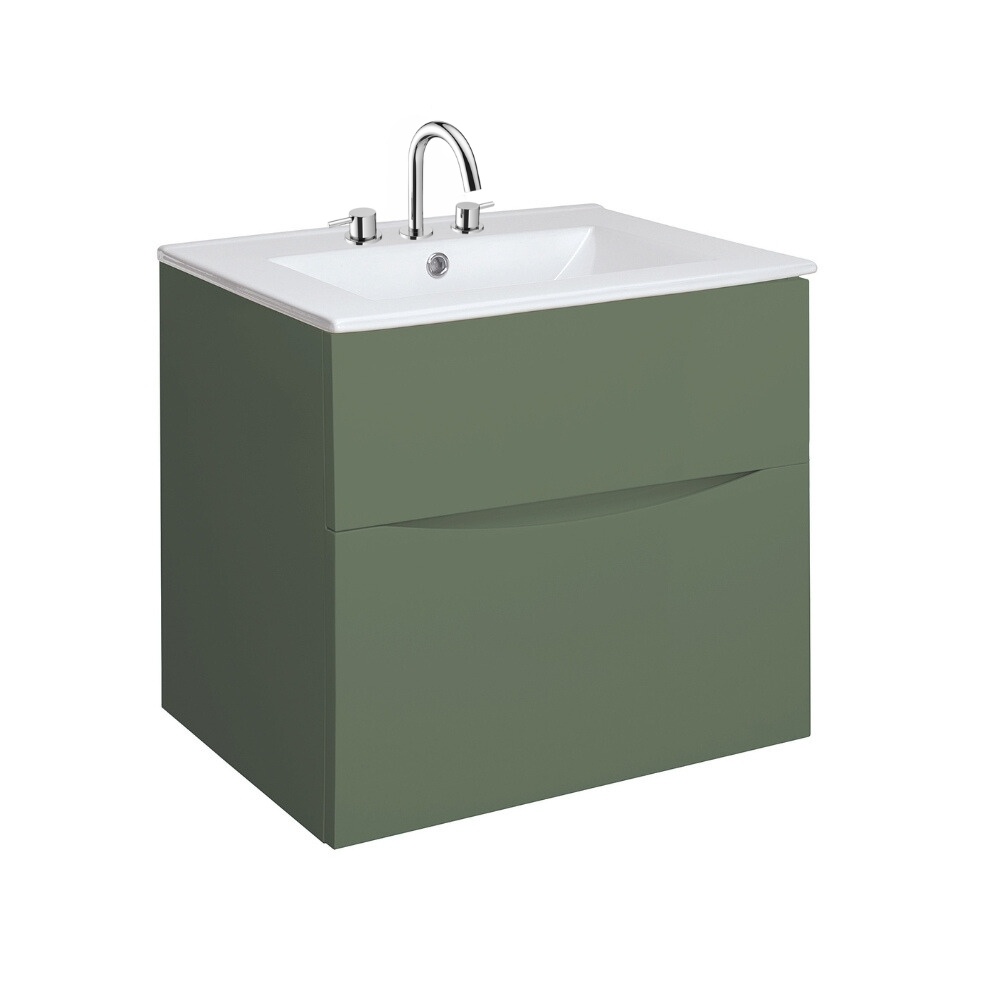 Product Cut out image of the Crosswater Glide II Sage Green 600mm Double Drawer Unit with Ceramic 3 Tap Hole Basin