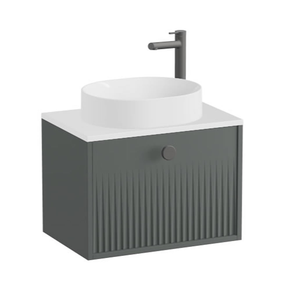 Vado Safari Fluted 600mm Charcoal Grey Wall Hung Vanity Unit & Gloss White Worktop