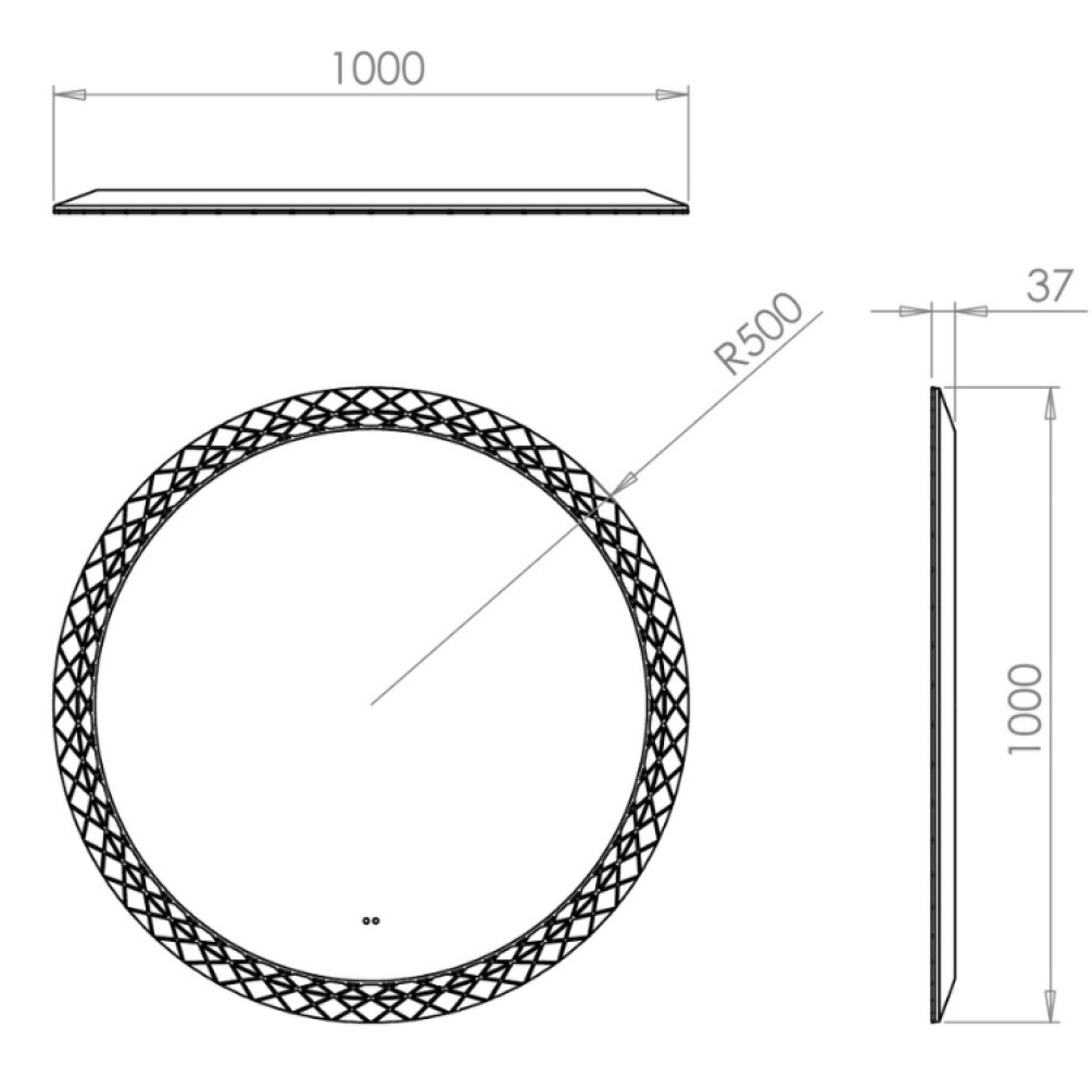 Product Specification image of the HIB Bellus 1000mm Ornate Round LED Bathroom Mirror